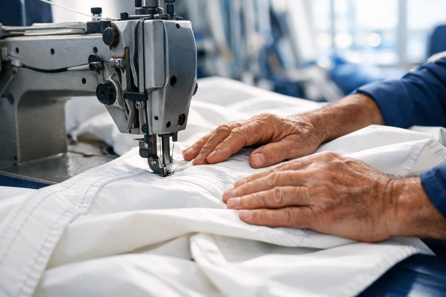 Sailmaker guiding heavy white sailcloth through an industrial sewing machine