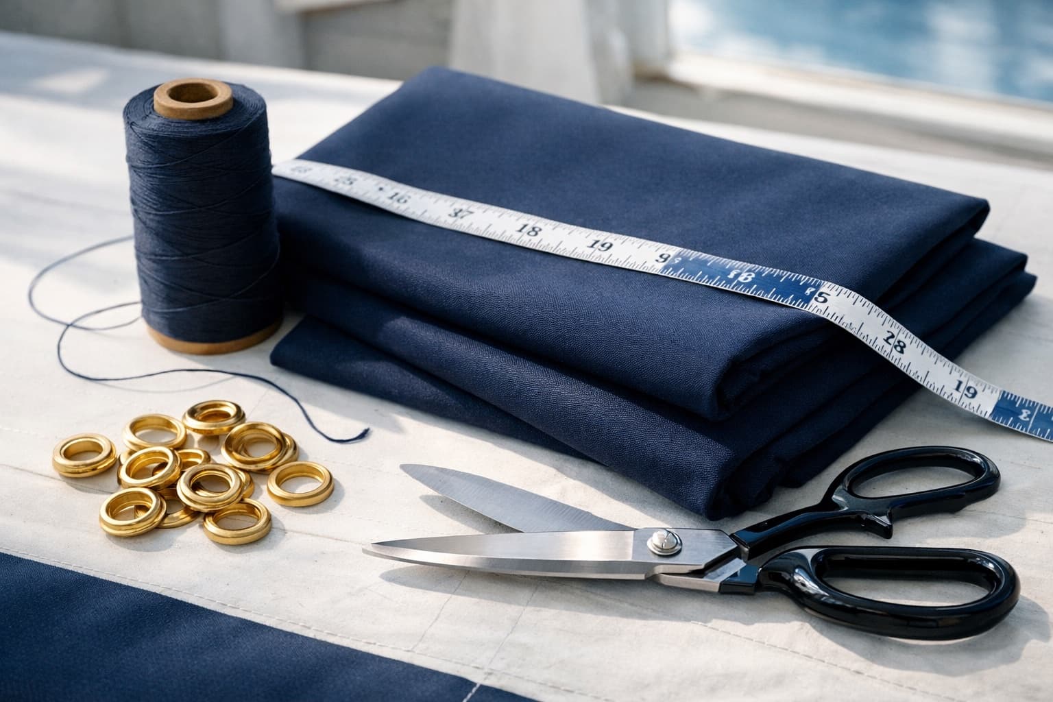 Grommets, thread, shears and a measuring tape on folded navy canvas
