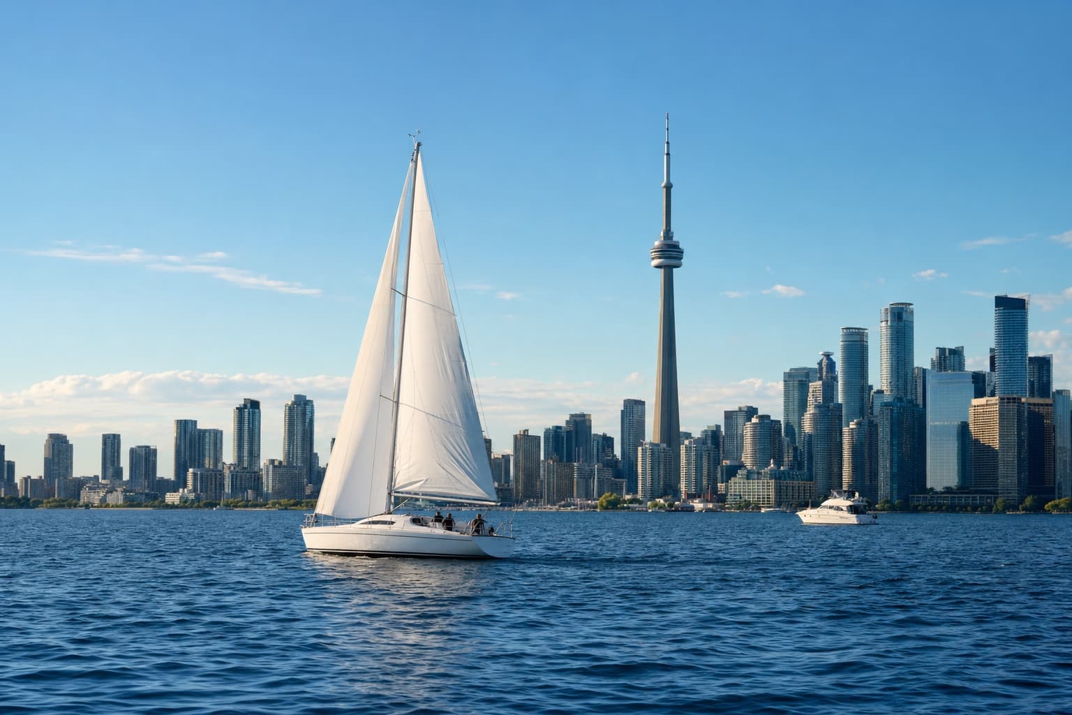 A sailboat and a motor yacht on Lake Ontario in front of the downtown Toronto skyline