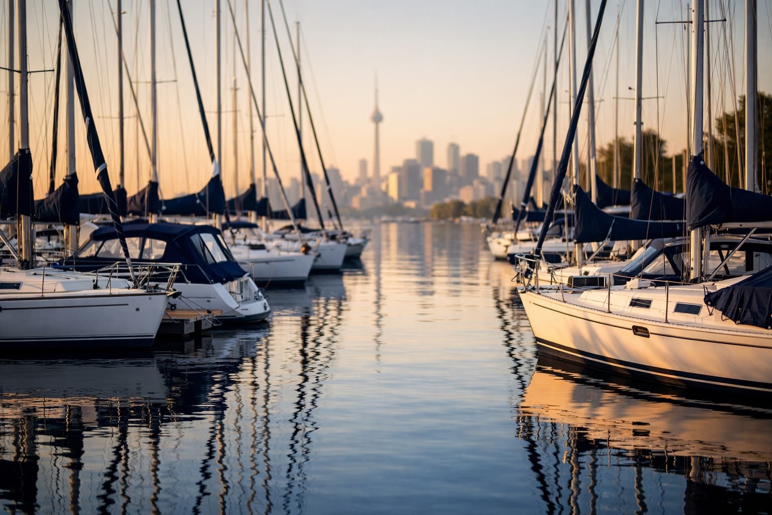 Moored sailboats with canvas covers at a Toronto marina at golden hour